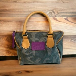 Victoria’s Secret canvas handbag, signature print. Green with purple interior.